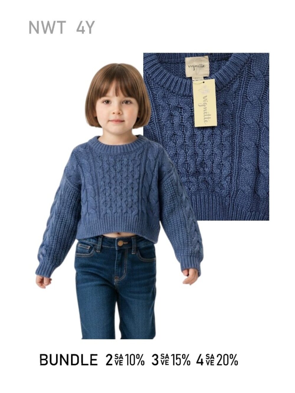NWT - VIGNETTE Blue Cable Knit Sweater - Girl Size 4Y